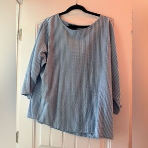 🌞 Vintage Woolrich Searsucker Blue 3/4 Tie Sleeve Blouse
